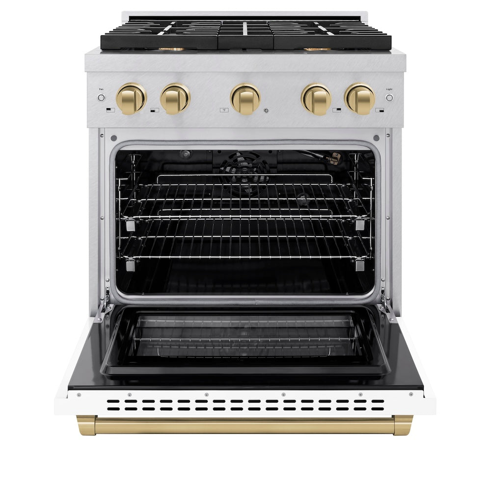 AutographEdition 30 in. 4.2 cu. ft. 4 Burner Gas Range with Convection Gas Oven in DuraSnow Stainless Steel with White Matte Door and Champagne Bronze Accents - (SGRSZWM30CB) -