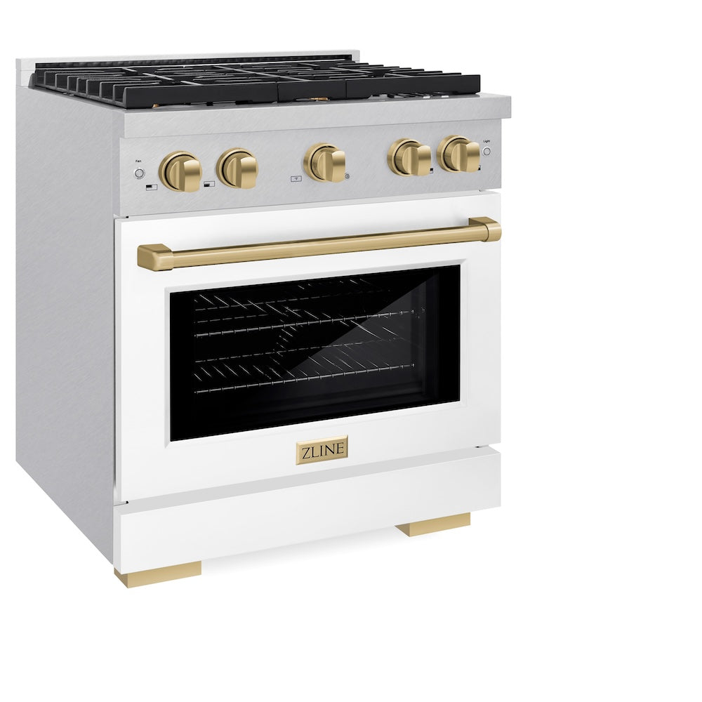 AutographEdition 30 in. 4.2 cu. ft. 4 Burner Gas Range with Convection Gas Oven in DuraSnow Stainless Steel with White Matte Door and Champagne Bronze Accents - (SGRSZWM30CB) -