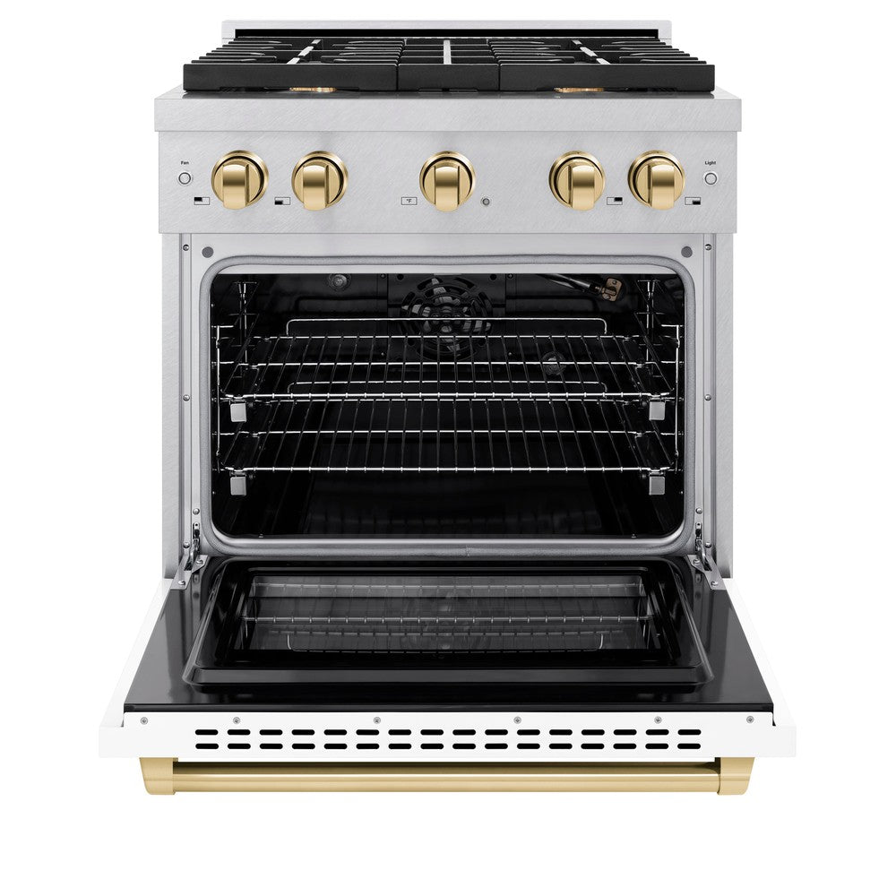 AutographEdition 30 in. 4.2 cu. ft. 4 Burner Gas Range with Convection Gas Oven in DuraSnow Stainless Steel with White Matte Door and Polished Gold Accents - (SGRSZWM30G) -