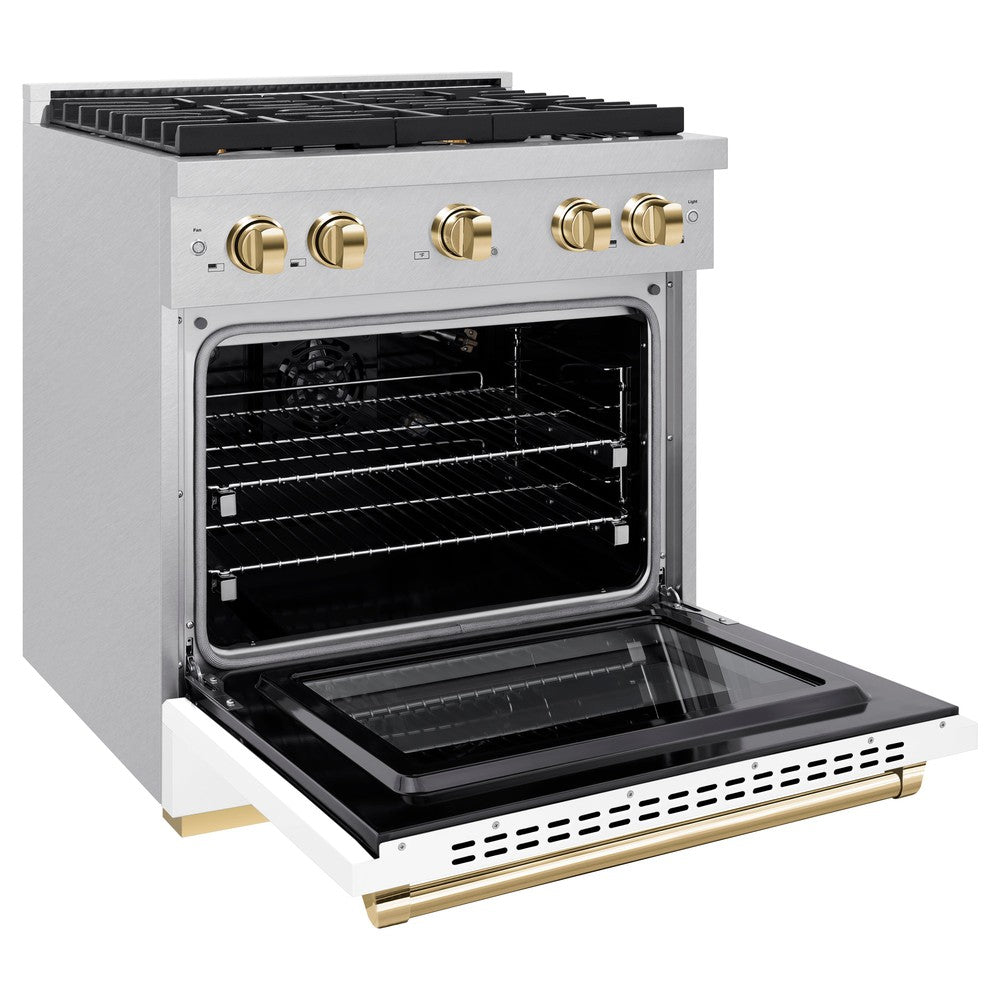 AutographEdition 30 in. 4.2 cu. ft. 4 Burner Gas Range with Convection Gas Oven in DuraSnow Stainless Steel with White Matte Door and Polished Gold Accents - (SGRSZWM30G) -