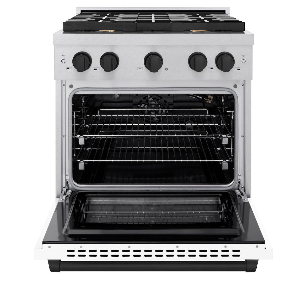 AutographEdition 30 in. 4.2 cu. ft. 4 Burner Gas Range with Convection Gas Oven in DuraSnow Stainless Steel with White Matte Door and Matte Black Accents - (SGRSZWM30MB) -