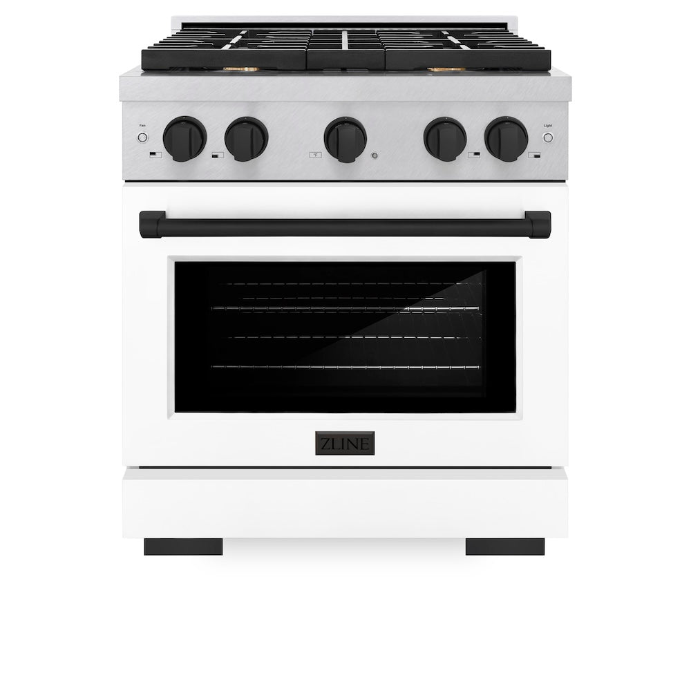 AutographEdition 30 in. 4.2 cu. ft. 4 Burner Gas Range with Convection Gas Oven in DuraSnow Stainless Steel with White Matte Door and Matte Black Accents - (SGRSZWM30MB) -