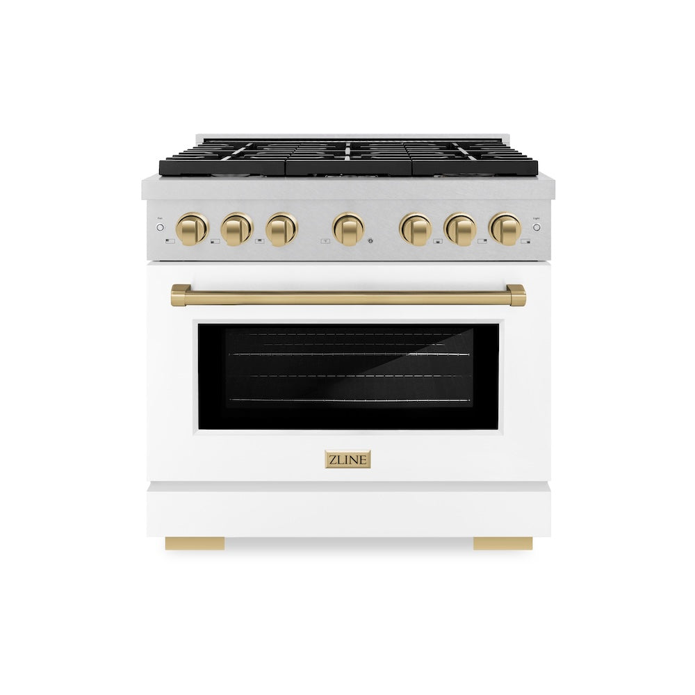 AutographEdition 36 in. 5.2 cu. ft. 6 Burner Gas Range with Convection Gas Oven in DuraSnow Stainless Steel with White Matte Door and Champagne Bronze Accents - (SGRSZWM36CB) -