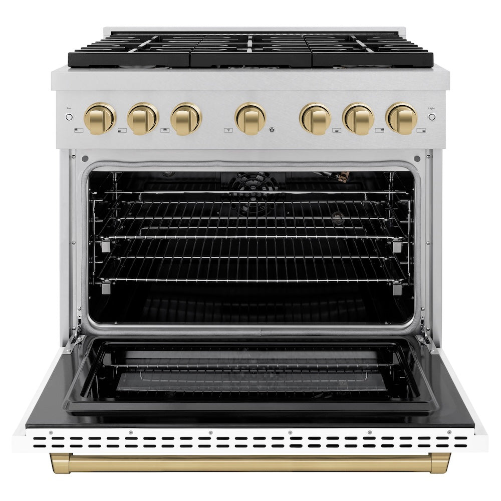 AutographEdition 36 in. 5.2 cu. ft. 6 Burner Gas Range with Convection Gas Oven in DuraSnow Stainless Steel with White Matte Door and Champagne Bronze Accents - (SGRSZWM36CB) -