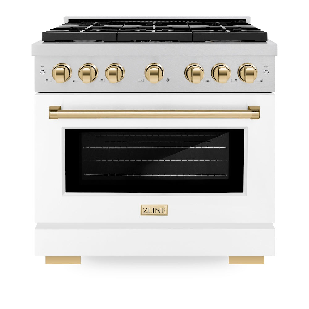 AutographEdition 36 in. 5.2 cu. ft. 6 Burner Gas Range with Convection Gas Oven in DuraSnow Stainless Steel with White Matte Door and Polished Gold Accents - (SGRSZWM36G) -