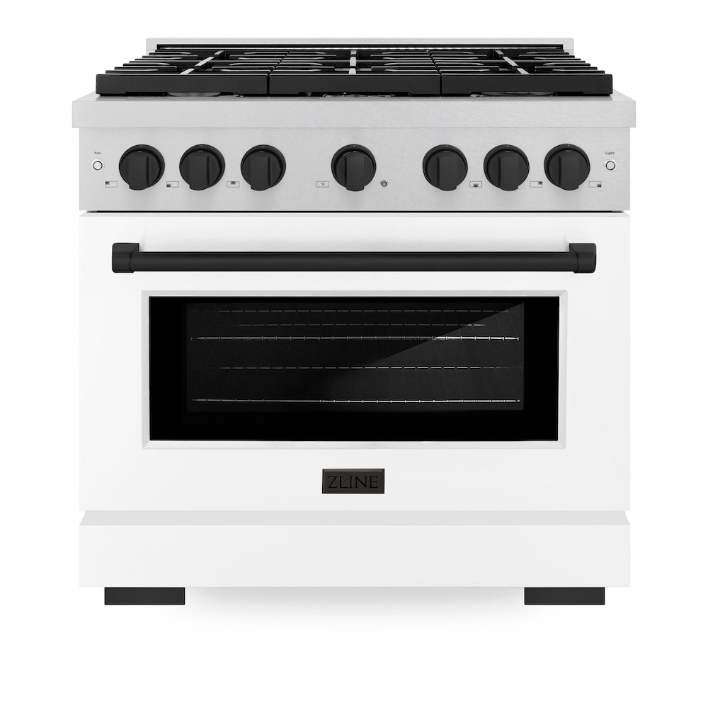 AutographEdition 36 in. 5.2 cu. ft. 6 Burner Gas Range with Convection Gas Oven in DuraSnow Stainless Steel with White Matte Door and Matte Black Accents - (SGRSZWM36MB) -