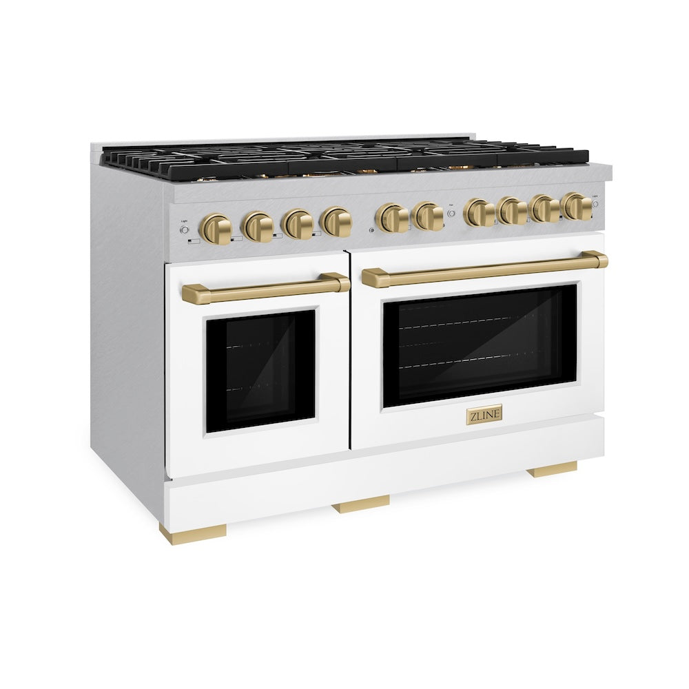 AutographEdition 48 in. 6.7 cu. ft. 8 Burner Double Oven Gas Range in DuraSnow Stainless Steel with White Matte Doors and Champagne Bronze Accents - (SGRSZWM48CB) -