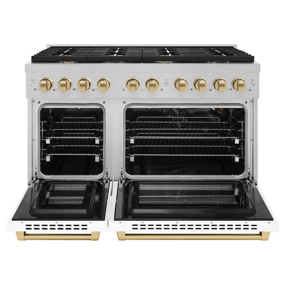 AutographEdition 48 in. 6.7 cu. ft. 8 Burner Double Oven Gas Range in DuraSnow Stainless Steel with White Matte Doors and Champagne Bronze Accents - (SGRSZWM48CB) -