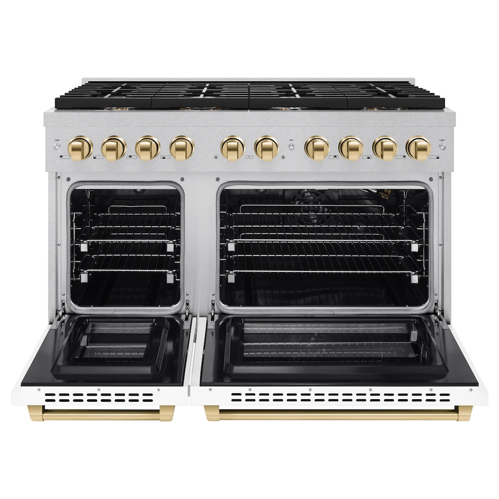 AutographEdition 48 in. 6.7 cu. ft. 8 Burner Double Oven Gas Range in DuraSnow Stainless Steel with White Matte Doors and Polished Gold Accents - (SGRSZWM48G) -