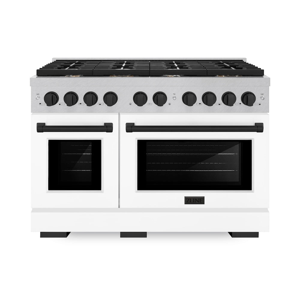 AutographEdition 48 in. 6.7 cu. ft. 8 Burner Double Oven Gas Range in DuraSnow Stainless Steel with White Matte Doors and Matte Black Accents - (SGRSZWM48MB) -