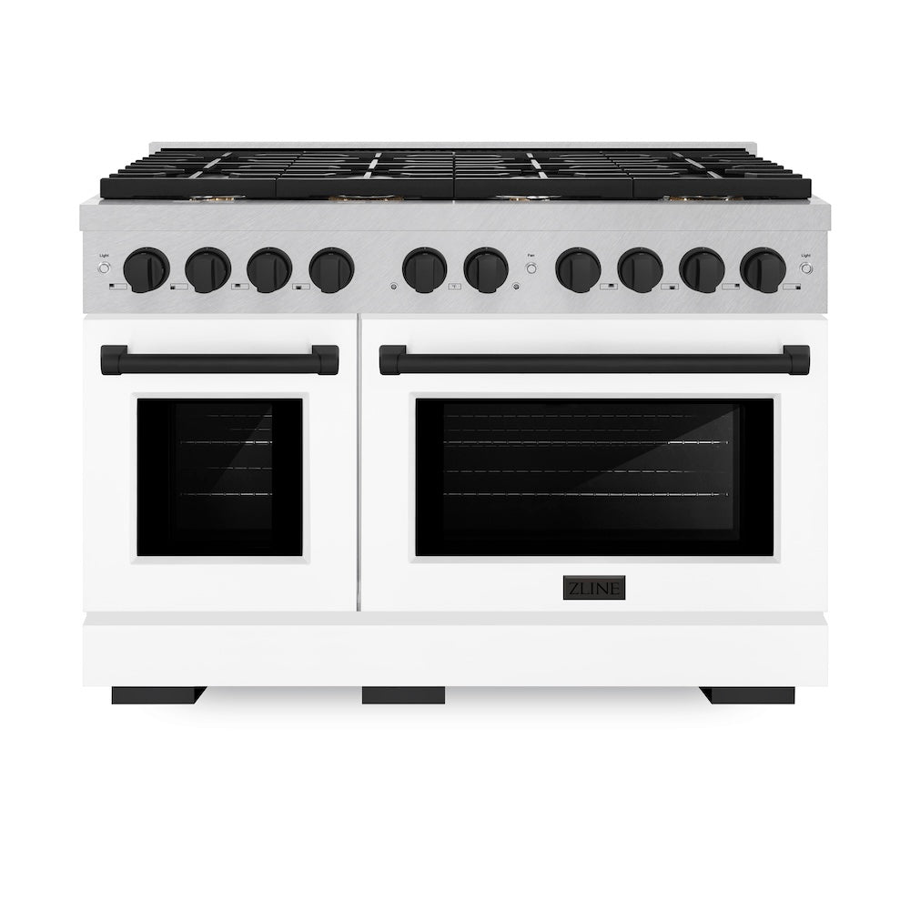 AutographEdition 48 in. 6.7 cu. ft. 8 Burner Double Oven Gas Range in DuraSnow Stainless Steel with White Matte Doors and Matte Black Accents - (SGRSZWM48MB) -