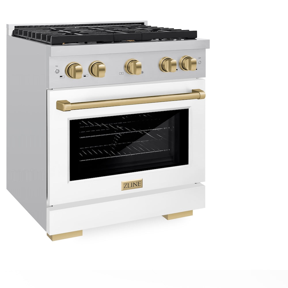 AutographEdition 30 in. 4.2 cu. ft. 4 Burner Gas Range with Convection Gas Oven in Stainless Steel with White Matte Door and Champagne Bronze Accents - (SGRZWM30CB) -