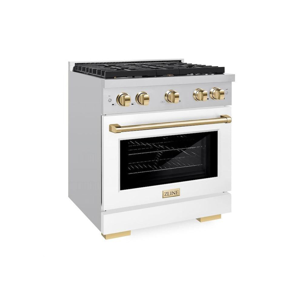 AutographEdition 30 in. 4.2 cu. ft. 4 Burner Gas Range with Convection Gas Oven in Stainless Steel with White Matte Door and Polished Gold Accents - (SGRZWM30G) -