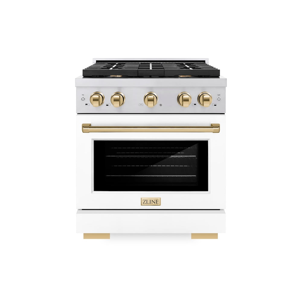 AutographEdition 30 in. 4.2 cu. ft. 4 Burner Gas Range with Convection Gas Oven in Stainless Steel with White Matte Door and Polished Gold Accents - (SGRZWM30G) -