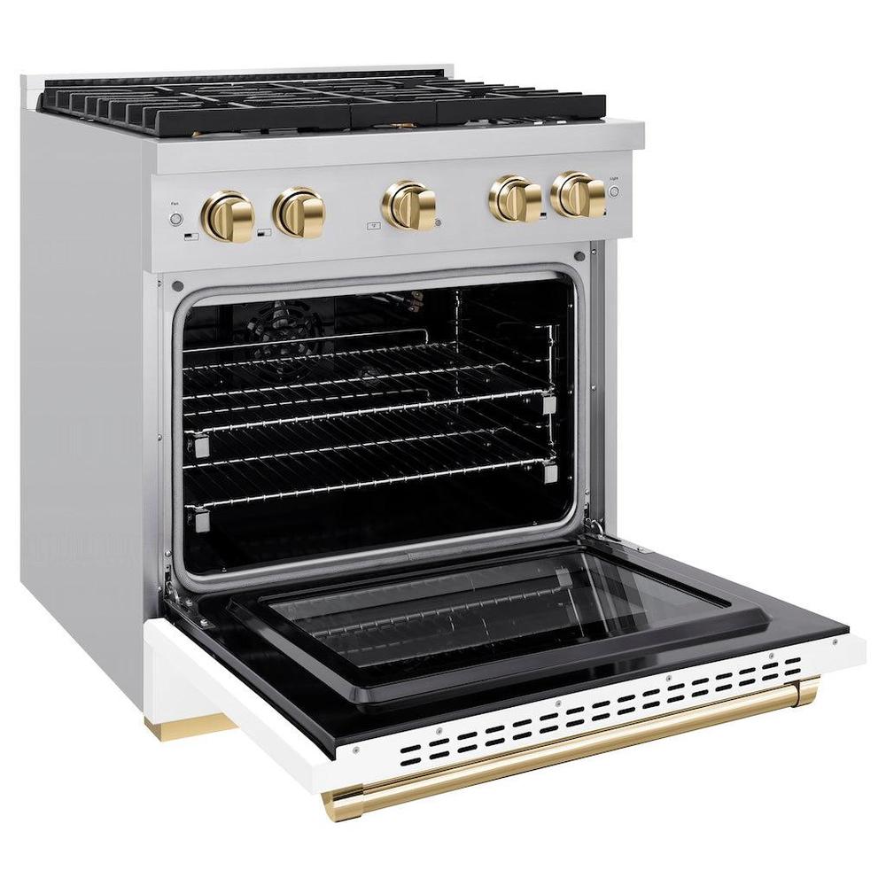 AutographEdition 30 in. 4.2 cu. ft. 4 Burner Gas Range with Convection Gas Oven in Stainless Steel with White Matte Door and Polished Gold Accents - (SGRZWM30G) -