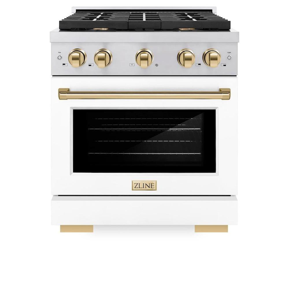 AutographEdition 30 in. 4.2 cu. ft. 4 Burner Gas Range with Convection Gas Oven in Stainless Steel with White Matte Door and Polished Gold Accents - (SGRZWM30G) -
