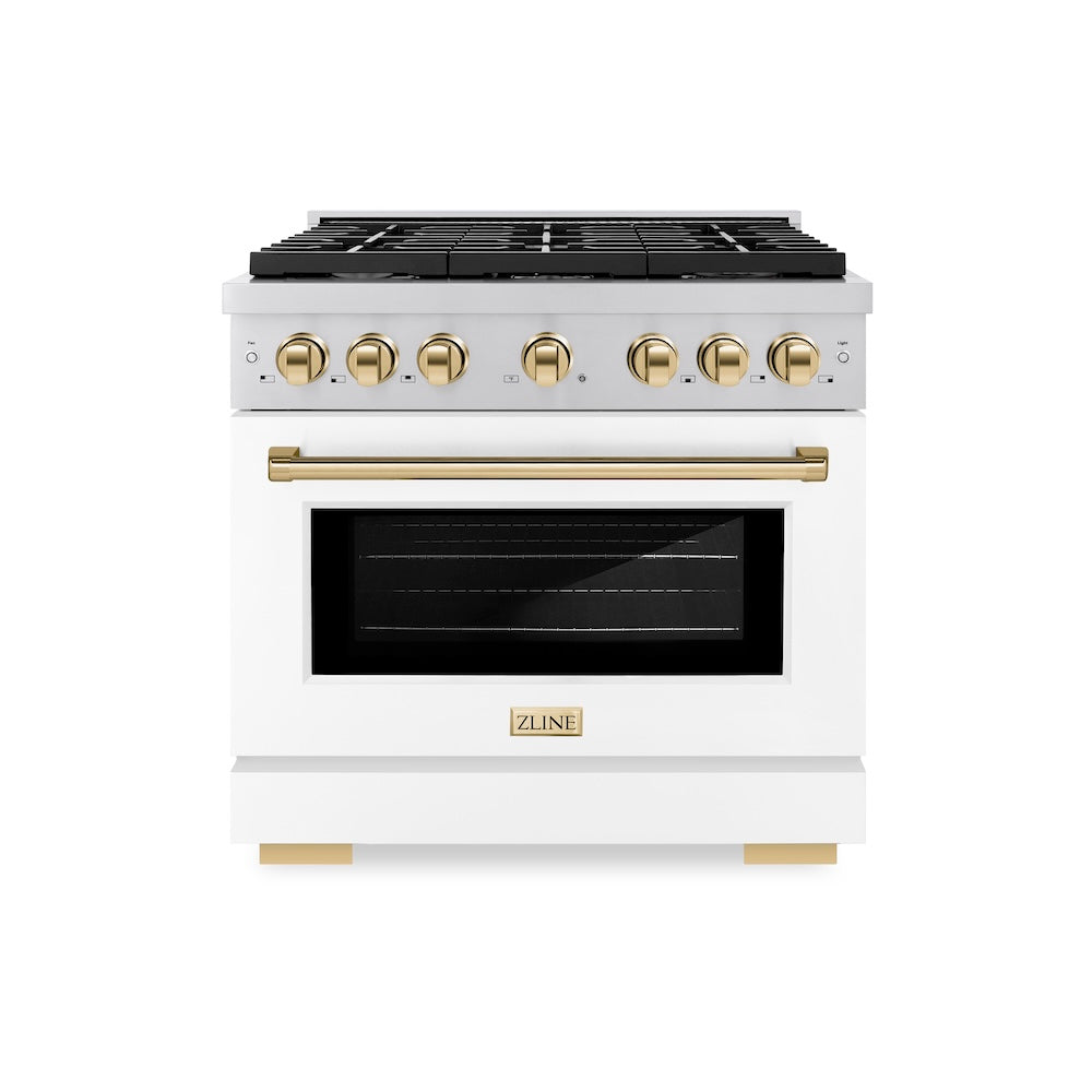 AutographEdition 36 in. 5.2 cu. ft. 6 Burner Gas Range with Convection Gas Oven in Stainless Steel with White Matte Door and Polished Gold Accents - (SGRZWM36G) -