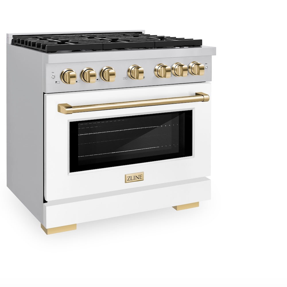 AutographEdition 36 in. 5.2 cu. ft. 6 Burner Gas Range with Convection Gas Oven in Stainless Steel with White Matte Door and Polished Gold Accents - (SGRZWM36G) -