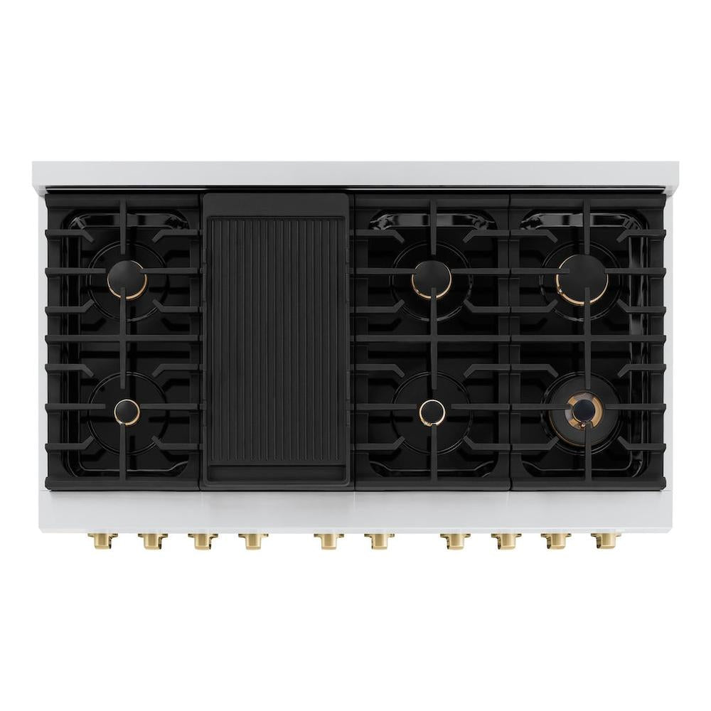 AutographEdition 48 in. 6.7 cu. ft. 8 Burner Double Oven Gas Range in Stainless Steel with White Matte Doors and Champagne Bronze Accents - (SGRZWM48CB) -