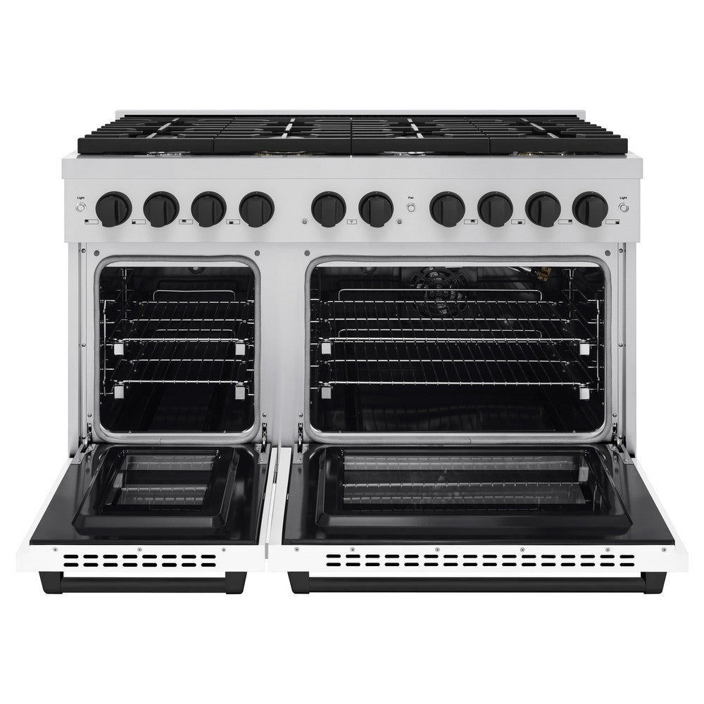 AutographEdition 48 in. 6.7 cu. ft. 8 Burner Double Oven Gas Range in Stainless Steel with White Matte Doors and Matte Black Accents - (SGRZWM48MB) -
