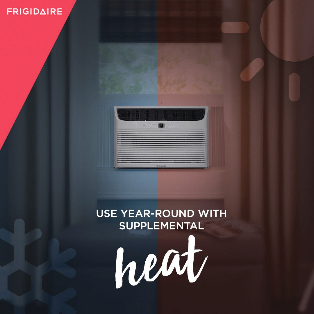 Frigidaire FHWE232WB2 window AC with heat installed. Below the unit the text: Use year-round with supplemental heat.