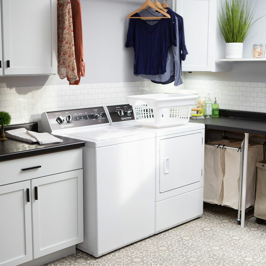 Speed Queen TR5 washer and DR5004WE electric dryer in a laundry room