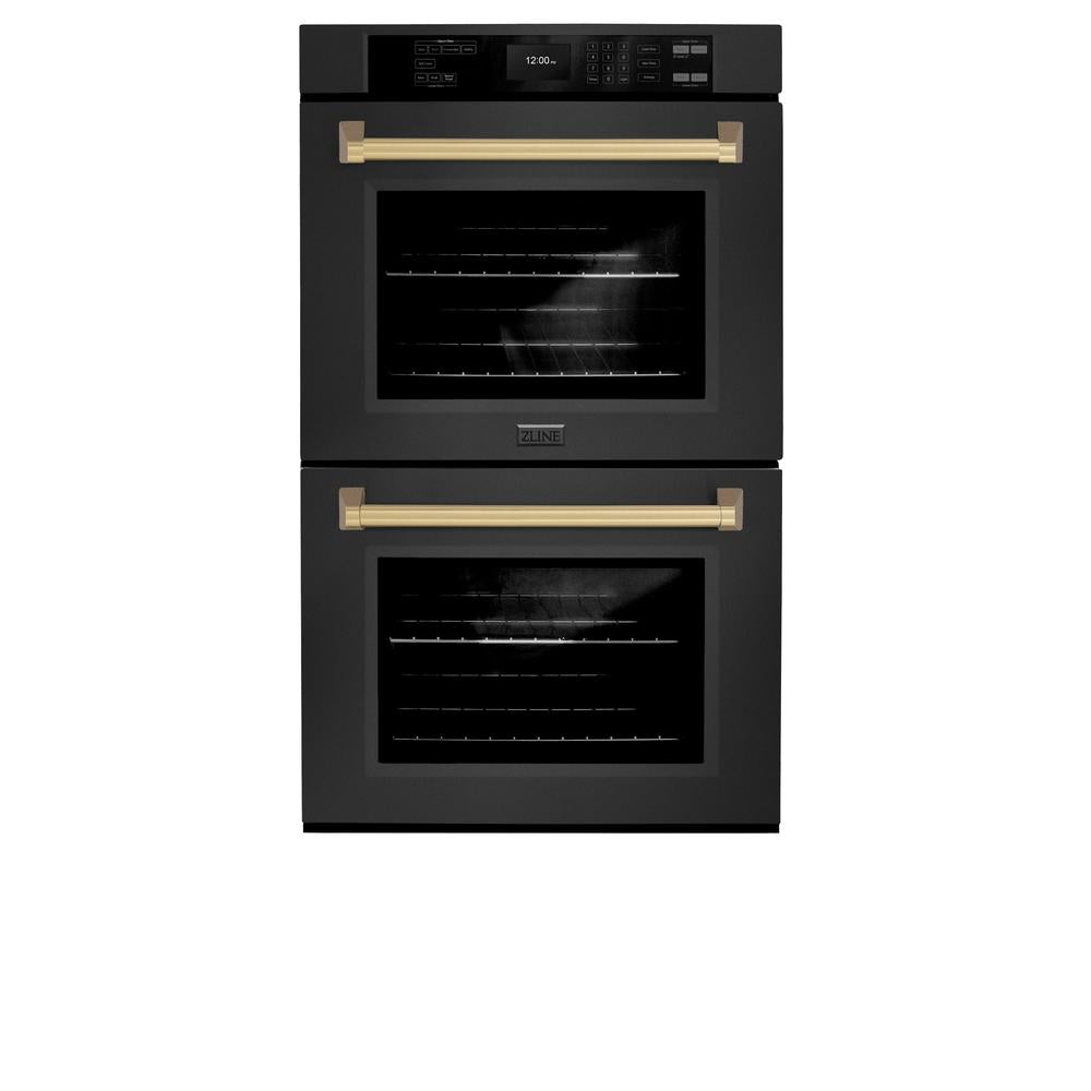 ZLINE Autograph Edition 30 in. Professional True Convection Double Wall Oven with Air Fry and Self Clean in Black Stainless Steel with Champagne Bronze Handles (WADBZ-30-CB) - (WADBZ30CB) -