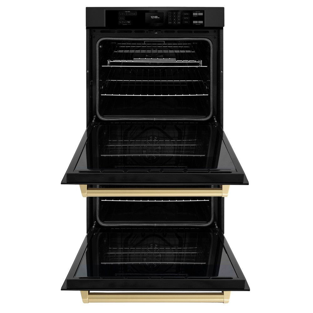 ZLINE Autograph Edition 30 in. Professional True Convection Double Wall Oven with Air Fry and Self Clean in Black Stainless Steel with Champagne Bronze Handles (WADBZ-30-CB) - (WADBZ30CB) -