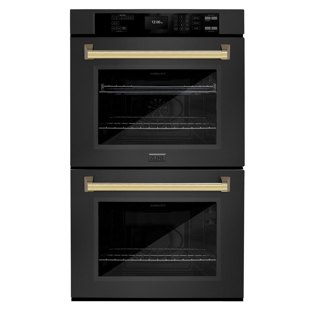 ZLINE Autograph Edition 30 in. Professional True Convection Double Wall Oven with Air Fry and Self Clean in Black Stainless Steel with Polished Gold Handles (WADBZ-30-G) - (WADBZ30G) -