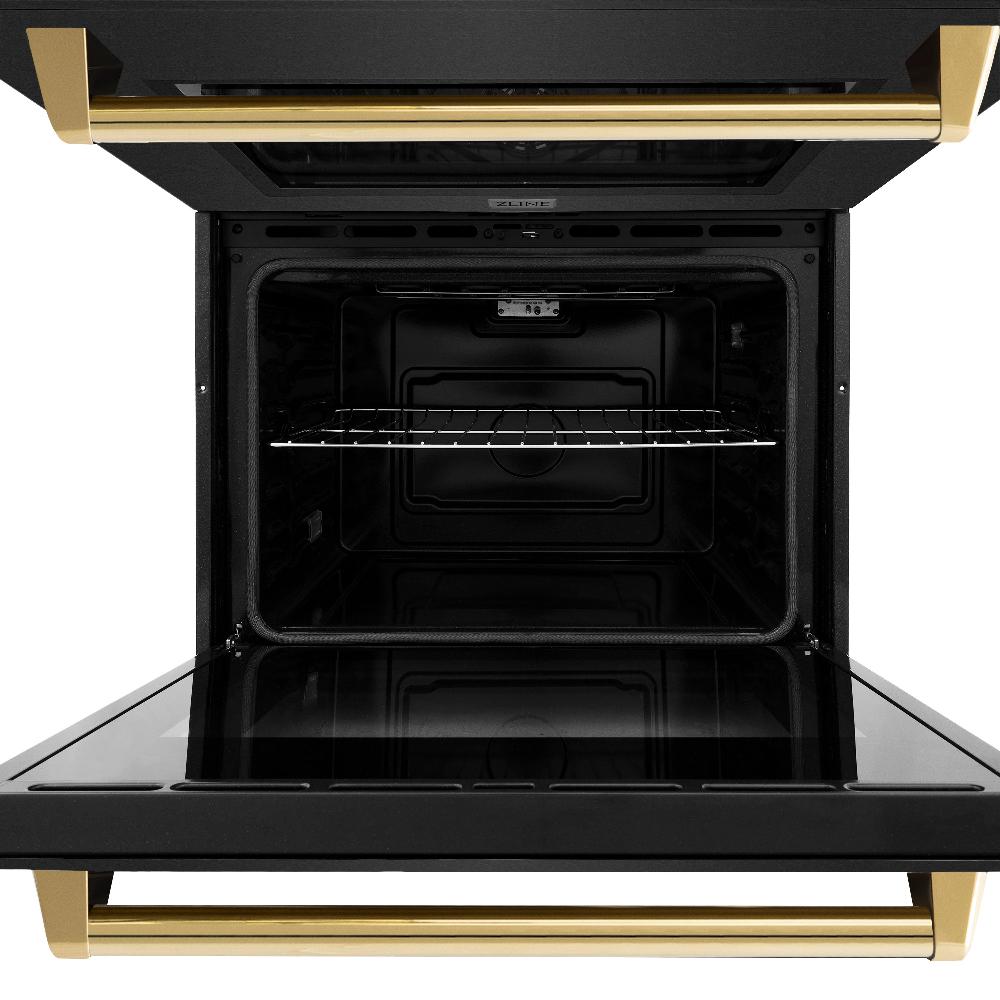 ZLINE Autograph Edition 30 in. Professional True Convection Double Wall Oven with Air Fry and Self Clean in Black Stainless Steel with Polished Gold Handles (WADBZ-30-G) - (WADBZ30G) -