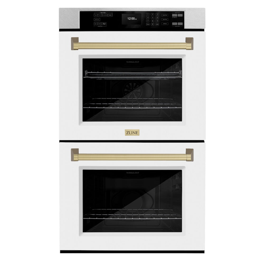 ZLINE Autograph Edition 30 in. Professional True Convection Double Wall Oven with Air Fry and Self Clean in Satin Stainless Steel with White Matte Doors and Champagne Bronze Handles (WADSZ-WM-30-CB) - (WADSZWM30CB) -