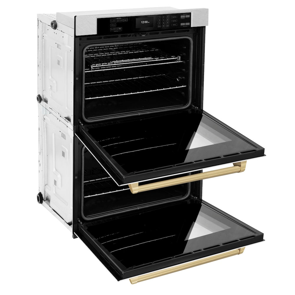 ZLINE Autograph Edition 30 in. Professional True Convection Double Wall Oven with Air Fry and Self Clean in Satin Stainless Steel with White Matte Doors and Champagne Bronze Handles (WADSZ-WM-30-CB) - (WADSZWM30CB) -