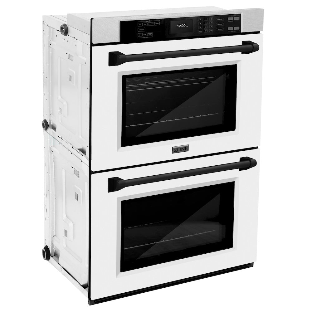 ZLINE Autograph Edition 30 in. Professional True Convection Double Wall Oven with Air Fry and Self Clean in Satin Stainless Steel with White Matte Doors and Matte Black Handles (WADSZ-WM-30-MB) - (WADSZWM30MB) -