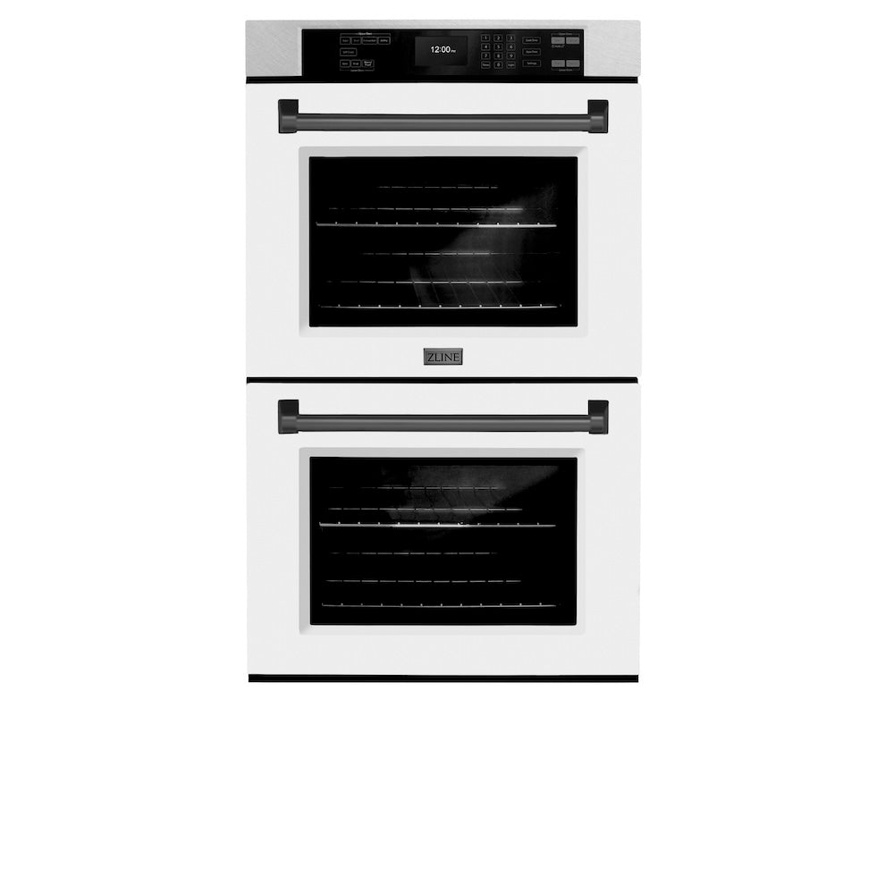 ZLINE Autograph Edition 30 in. Professional True Convection Double Wall Oven with Air Fry and Self Clean in Satin Stainless Steel with White Matte Doors and Matte Black Handles (WADSZ-WM-30-MB) - (WADSZWM30MB) -