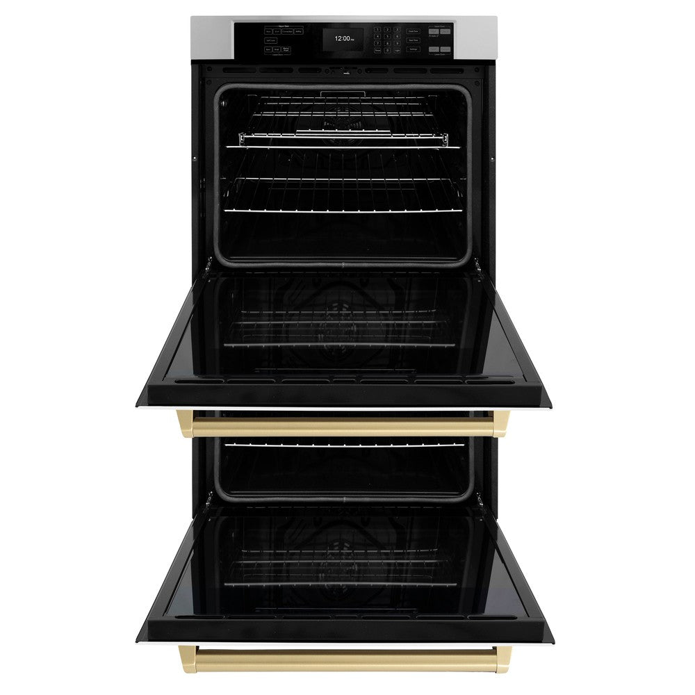 ZLINE Autograph Edition 30 in. Professional True Convection Double Wall Oven with Air Fry and Self Clean in Stainless Steel with White Matte Doors and Champagne Bronze Handles (WADZ-WM-30-CB) - (WADZWM30CB) -