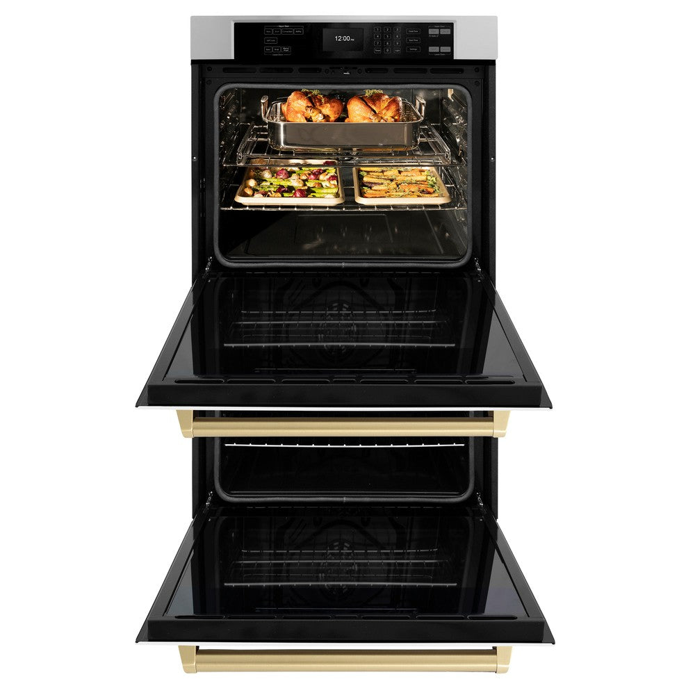 ZLINE Autograph Edition 30 in. Professional True Convection Double Wall Oven with Air Fry and Self Clean in Stainless Steel with White Matte Doors and Champagne Bronze Handles (WADZ-WM-30-CB) - (WADZWM30CB) -