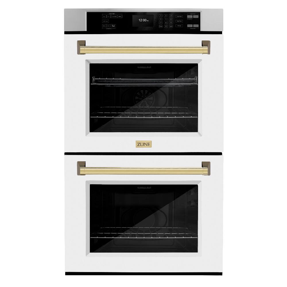 ZLINE Autograph Edition 30 in. Professional True Convection Double Wall Oven with Air Fry and Self Clean in Stainless Steel with White Matte Doors and Polished Gold Handles (WADZ-WM-30-G) - (WADZWM30G) -