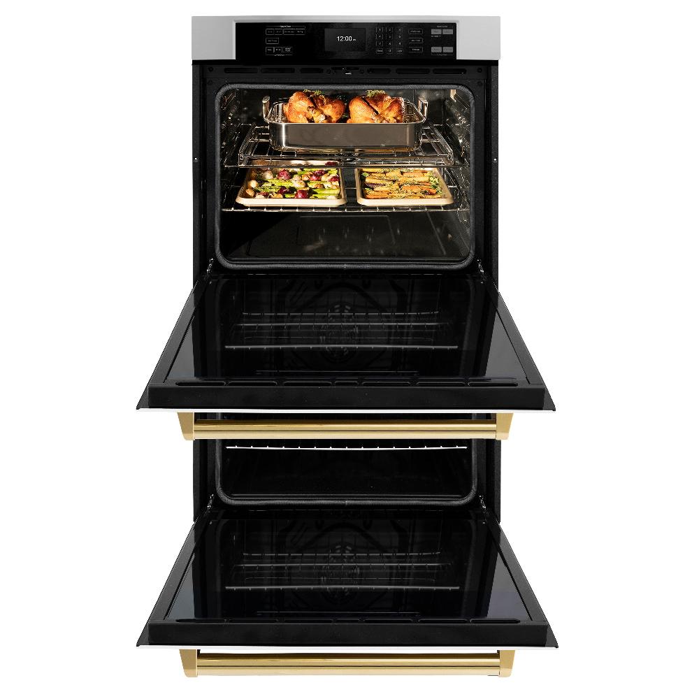 ZLINE Autograph Edition 30 in. Professional True Convection Double Wall Oven with Air Fry and Self Clean in Stainless Steel with White Matte Doors and Polished Gold Handles (WADZ-WM-30-G) - (WADZWM30G) -