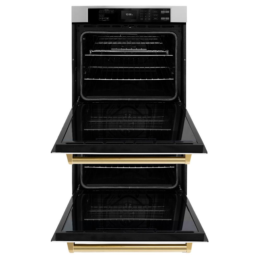 ZLINE Autograph Edition 30 in. Professional True Convection Double Wall Oven with Air Fry and Self Clean in Stainless Steel with White Matte Doors and Polished Gold Handles (WADZ-WM-30-G) - (WADZWM30G) -