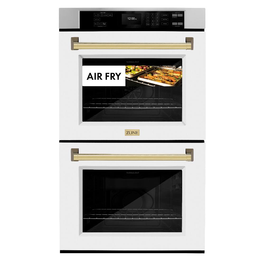 ZLINE Autograph Edition 30 in. Professional True Convection Double Wall Oven with Air Fry and Self Clean in Stainless Steel with White Matte Doors and Polished Gold Handles (WADZ-WM-30-G) - (WADZWM30G) -