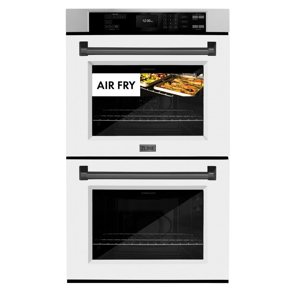 ZLINE Autograph Edition 30 in. Professional True Convection Double Wall Oven with Air Fry and Self Clean in Stainless Steel with White Matte Doors and Matte Black Handles (WADZ-WM-30-MB) - (WADZWM30MB) -