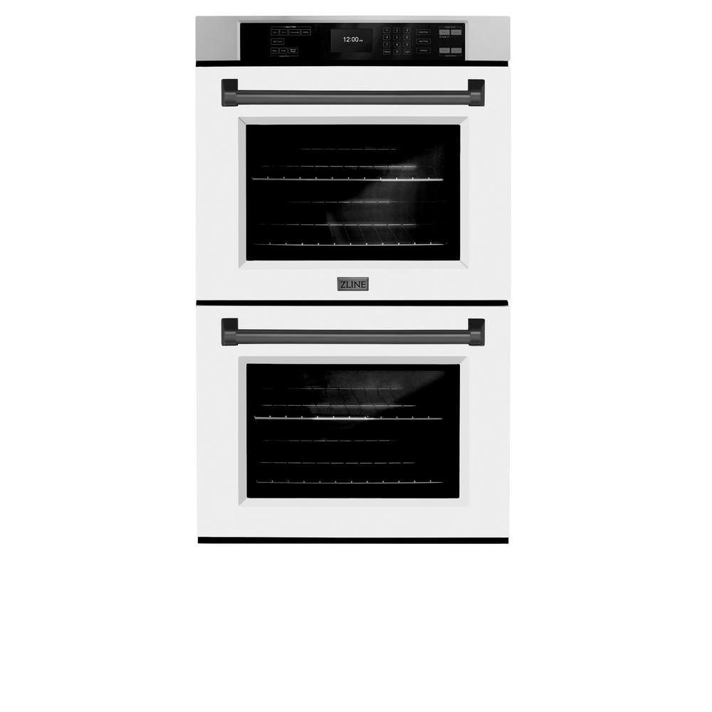 ZLINE Autograph Edition 30 in. Professional True Convection Double Wall Oven with Air Fry and Self Clean in Stainless Steel with White Matte Doors and Matte Black Handles (WADZ-WM-30-MB) - (WADZWM30MB) -