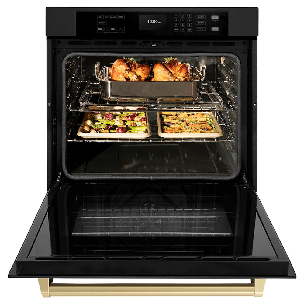 ZLINE Autograph Edition 30 in. Professional True Convection Single Wall Oven with Air Fry and Self Clean in Black Stainless Steel with Champagne Bronze Handle (WASBZ-30-CB) - (WASBZ30CB) -