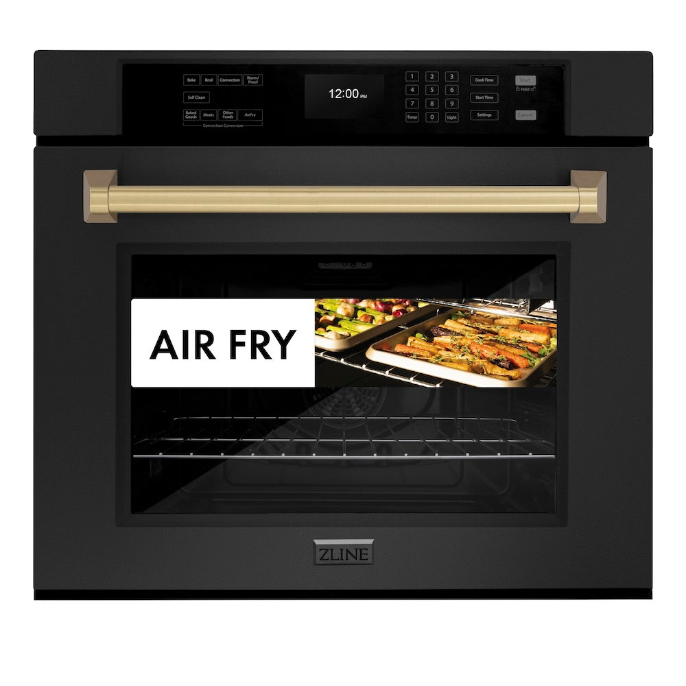 ZLINE Autograph Edition 30 in. Professional True Convection Single Wall Oven with Air Fry and Self Clean in Black Stainless Steel with Champagne Bronze Handle (WASBZ-30-CB) - (WASBZ30CB) -