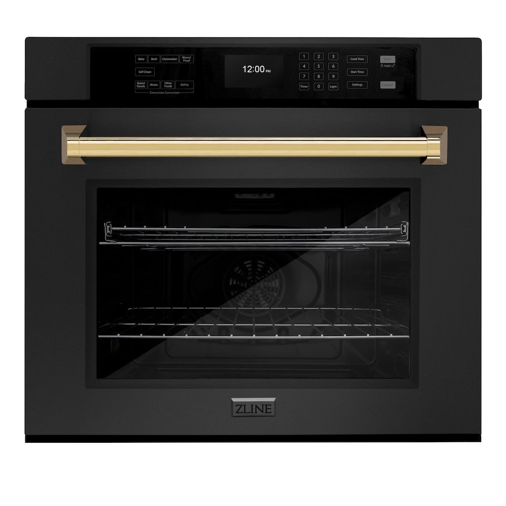 ZLINE Autograph Edition 30 in. Professional True Convection Single Wall Oven with Air Fry and Self Clean in Black Stainless Steel with Polished Gold Handle (WASBZ-30-G) - (WASBZ30G) -