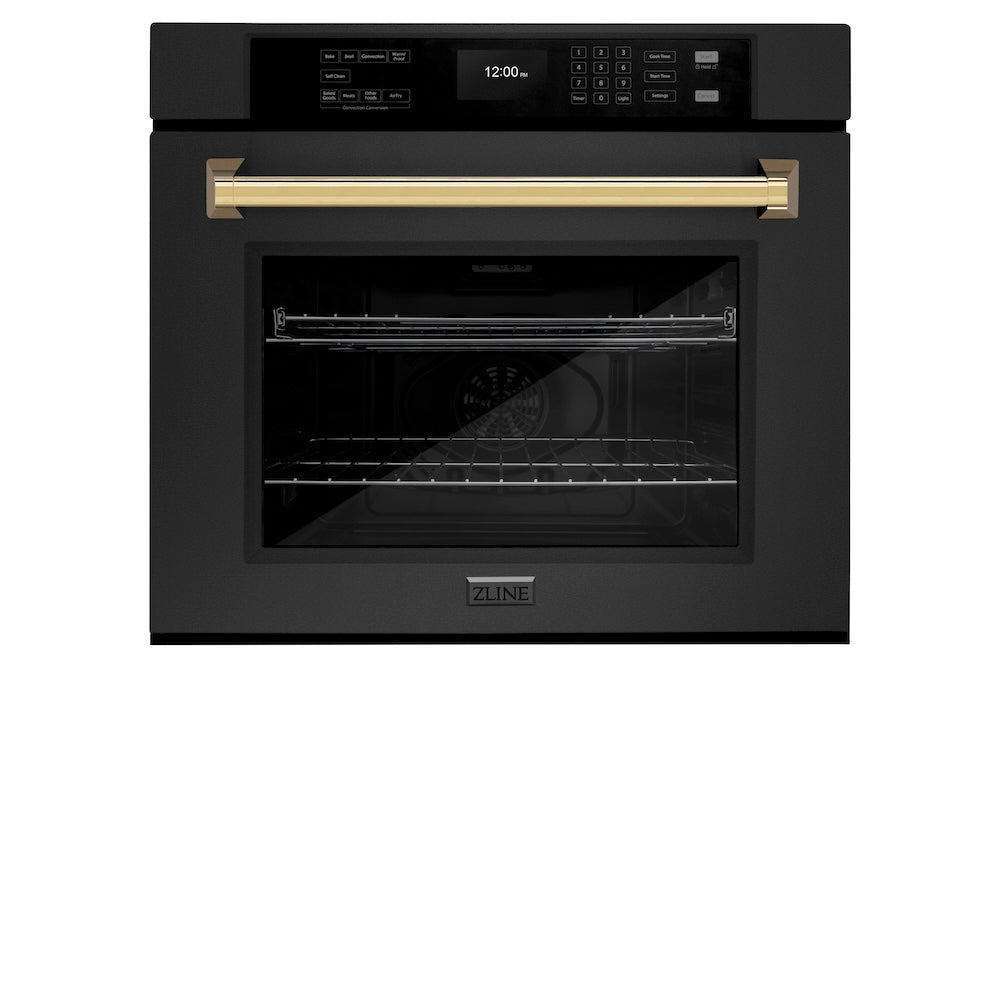 ZLINE Autograph Edition 30 in. Professional True Convection Single Wall Oven with Air Fry and Self Clean in Black Stainless Steel with Polished Gold Handle (WASBZ-30-G) - (WASBZ30G) -