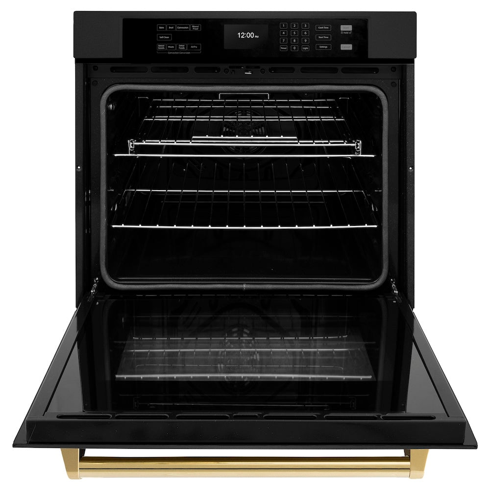 ZLINE Autograph Edition 30 in. Professional True Convection Single Wall Oven with Air Fry and Self Clean in Black Stainless Steel with Polished Gold Handle (WASBZ-30-G) - (WASBZ30G) -