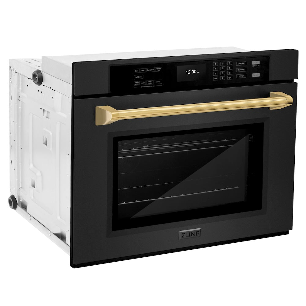 ZLINE Autograph Edition 30 in. Professional True Convection Single Wall Oven with Air Fry and Self Clean in Black Stainless Steel with Polished Gold Handle (WASBZ-30-G) - (WASBZ30G) -