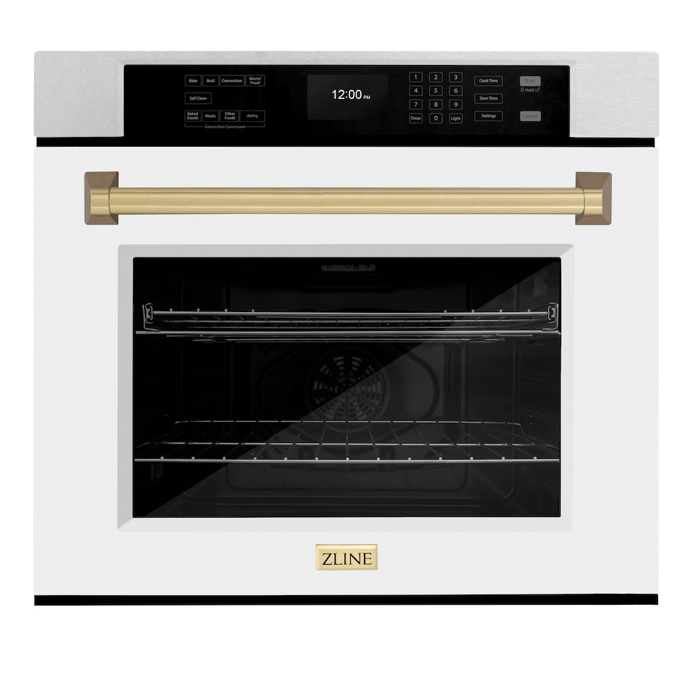 ZLINE Autograph Edition 30 in. Professional True Convection Single Wall Oven with Air Fry and Self Clean in Satin Stainless Steel with White Matte Door and Champagne Bronze Handle (WASSZ-WM-30-CB) - (WASSZWM30CB) -
