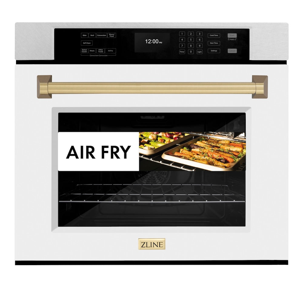 ZLINE Autograph Edition 30 in. Professional True Convection Single Wall Oven with Air Fry and Self Clean in Satin Stainless Steel with White Matte Door and Champagne Bronze Handle (WASSZ-WM-30-CB) - (WASSZWM30CB) -
